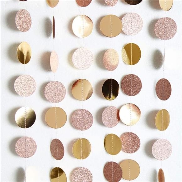 Glitter Champagne Gold Decorations Paper Circle Dots Garland Party Streamers - Picture 3 of 6